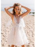 Beaded V Neck White Lace Flower Girl Dress